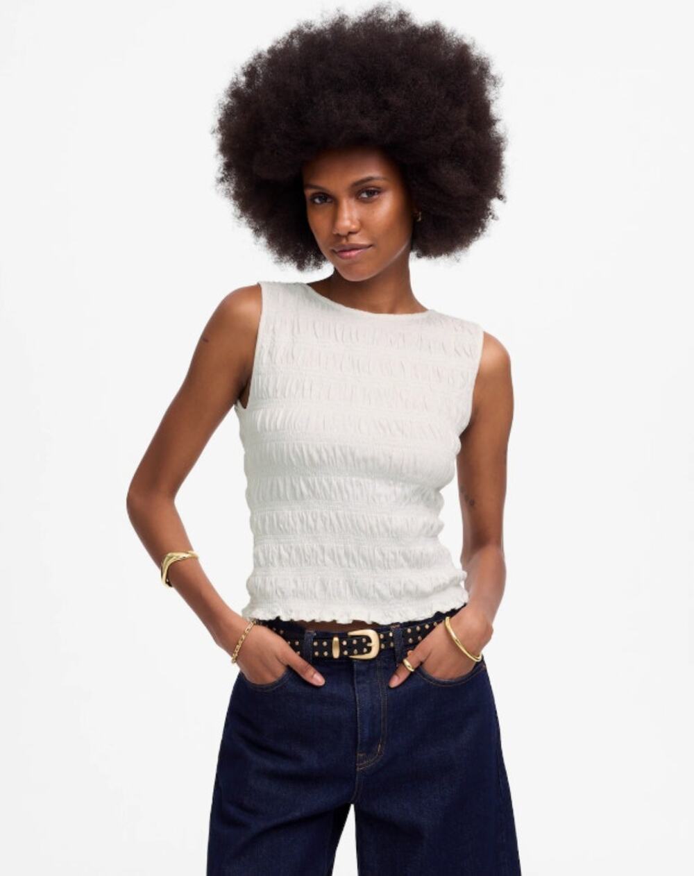 Madewell Smocked Boatneck Tank WMNS M White Slim Fit Ruffle Hem Stretch Pullover